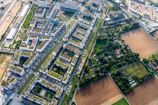 Aerial view of Residential area of the multi-family house settlement on Marie-Baum-Strasse - Gruene Meile - Eppelheimer Strasse in the district Bahnstadt in Heidelberg in the state Baden-Wurttemberg, Germany