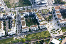 Oblique view of Residential area of the multi-family house settlement on Marie-Baum-Strasse - Gruene Meile - Eppelheimer Strasse in the district Bahnstadt in Heidelberg in the state Baden-Wurttemberg, Germany