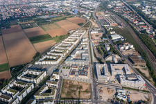 Residential area of the multi-family house settlement on Marie-Baum-Strasse - Gruene Meile - Eppelheimer Strasse in the district Bahnstadt in Heidelberg in the state Baden-Wurttemberg, Germany seen from above