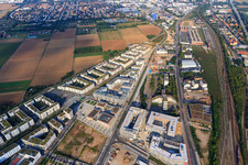 Green Mile with Qube Hotel 2 and primary school 2 at Gadamerplatz as well as the Rhein-Neckar-Kreis social welfare office in the district Bahnstadt in Heidelberg in the state Baden-Wuerttemberg, Germany