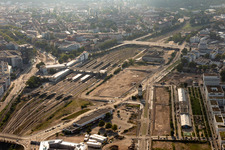 Aerial view of Track progress and building of the main station of the railway in Heidelberg in the state Baden-Wurttemberg, Germany