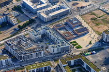 Aerial view of Green mile with Qube Hotel 2 and primary school 2 at Gadamerplatz in the district Bahnstadt in Heidelberg in the state Baden-Wuerttemberg, Germany