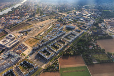 Overview of the district including the construction site of the industrial park at Europaplatz and Max-Planck-Ring in the district Bahnstadt in Heidelberg in the state Baden-Wuerttemberg, Germany
