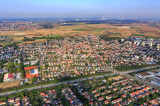 View of the town on both sides of the A5 motorway from the east in Eppelheim in the state Baden-Wuerttemberg, Germany