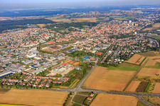 City overview showing Bruchhäuser Straße x Heidelberger Straße from the southeast with Bellamar adventure pool in Schwetzingen in the state Baden-Wuerttemberg, Germany