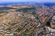 City overview from the east, beyond the railway line in Oftersheim in the state Baden-Wuerttemberg, Germany