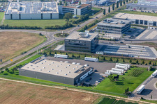 Industrial area in the Speyer Valley with TRANSAC International Shipping Company, Kardex Software GmbH, and ITK Engineering GmbH in Rülzheim in the state Rhineland-Palatinate, Germany