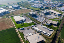Industrial area in the Speyer Valley with TRANSAC International Speditionsgesellschaft mbH, Kardex Software GmbH and ITK Engineering GmbH, Markthalle 5 and Resinnovation GmbH in Rülzheim in the state Rhineland-Palatinate, Germany