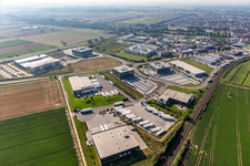 Aerial view of Industrial area in the Speyer Valley with TRANSAC International Speditionsgesellschaft mbH, Kardex Software GmbH and ITK Engineering GmbH, Markthalle 5 and Resinnovation GmbH in Rülzheim in the state Rhineland-Palatinate, Germany