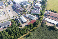 Aerial view of Roofing, scaffolding and construction plumbing Mindum, in the Horst industrial area in the district Minderslachen in Kandel in the state Rhineland-Palatinate, Germany