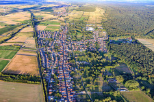 View of the town from the west, between the railway and the Bienwald forest in the district Schaidt in Wörth am Rhein in the state Rhineland-Palatinate, Germany