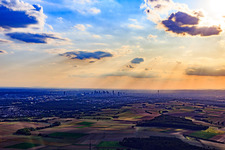 Frankfurt skyline in the haze in the district Nordend-West in Frankfurt am Main in the state Hesse, Germany
