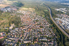 Aerial view of Town View of the streets and houses of the residential areas in Hochstadt in the state Hesse, Germany