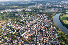 Aerial view of Town on the banks of the river of the Main river in the district Buergel in Offenbach am Main in the state Hesse, Germany