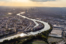 Harbour-Islandin the river course of the Main in front of the Skyline of Frankfort in Offenbach am Main in the state Hesse, Germany