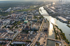 Aerial photograpy of Power plants and exhaust towers of thermal power station Alte Schlosserei (Eventlocation on Betriebsgelaende of EVO AG) in Offenbach am Main in the state Hesse, Germany