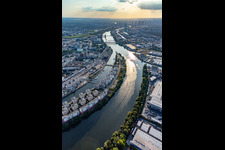 Drone recording of Harbor Island in the district Hafen in Offenbach am Main in the state Hesse, Germany