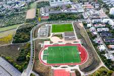 Aerial view of Ensemble of sports grounds of Bezirkssportanlage Frankfurter Bogen and vom Sportpark Preungesheim in the district Preungesheim in Frankfurt in the state Hesse, Germany