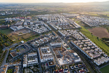Aerial view of Residential construction site with multi-family housing development- on the on Konrad-Zuse-Strasse in the district Kalbach-Riedberg in Frankfurt in the state Hesse, Germany