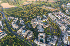 Aerial view of Office building - Ensemble von Studentenwohnheim Bed & Brains, 14. Polizeirevier, Air Liquide Global E&C Solutions and Bundesrepublik Deutschland - Finanzagentur GmbH in the district Niederursel in Frankfurt in the state Hesse, Germany