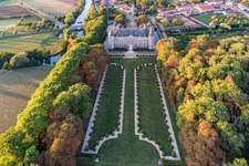 Aerial view of Building and castle park systems of water castle Chateau d'Haroue in Haroue in Grand Est, France