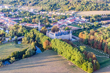 Aerial photograpy of Building and castle park systems of water castle Chateau d'Haroue in Haroue in Grand Est, France
