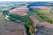 Aerial view of Mouth of the Chètre into the Meuse in Champougny in the state Meuse, France