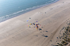 Aerial view of Coulourful Kites over the Beach along the West coast of Northsea island in Fanoe in, Denmark