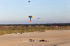 Aerial view of Kites on the beach in Fanø in the state South Denmark, Denmark