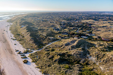 Aerial photograpy of Hyggeligge holiday homes in the dunes in Fanø in the state South Denmark, Denmark