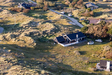 Oblique view of Hyggeligge holiday homes in the dunes in Fanø in the state South Denmark, Denmark