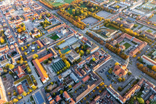 Aerial view of Church building Frieden church on Karlsplatz in Ludwigsburg in the state Baden-Wurttemberg, Germany