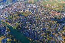 City view of the downtown area on the shore areas of Parksee in Leonberg in the state Baden-Wurttemberg, Germany