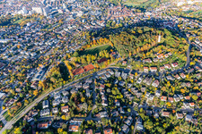 Aerial view of Ensemble of sports grounds on the Engelberg meadows with Tenniscourt of SV Leonberg / Eltingen in Leonberg in the state Baden-Wurttemberg, Germany