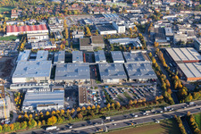 Aerial view of Company grounds and facilities of Trumpf- Laser and Systemtechnik in the district Gerlingen-Schillerhoehe in Ditzingen in the state Baden-Wurttemberg, Germany