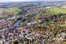 Village on the banks of the area Neckar - river course in Nuertingen in the state Baden-Wurttemberg, Germany