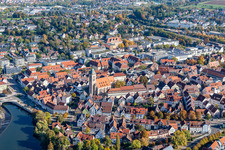 Village on the banks of the area Neckar - river course in Nuertingen in the state Baden-Wurttemberg, Germany from above