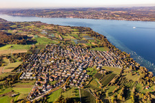 Aerial view of Pleasure boat marina on the shore area of Lake of Constance in the district Litzelstetten in Konstanz in the state Baden-Wurttemberg, Germany