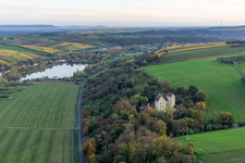 Aerial view of Castle of Schloss Klingenberg on the shore of the river Main in Wipfeld in the state Bavaria