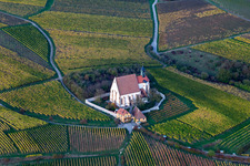 Churches building the chapel Wallfahrtskirche Maria in Weingarten in Volkach in the state Bavaria, Germany from above