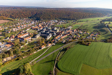 Aerial view of Monastery church Ebrach, Cistercian abbey in Ebrach in the state Bavaria, Germany