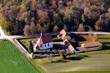 Aerial view of Churches building the chapel St. Rochus in Ebrach in the state Bavaria, Germany