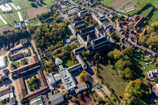 Oblique view of Münsterschwarzach Abbey in the district Stadtschwarzach in Schwarzach am Main in the state Bavaria, Germany