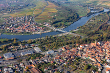 Aerial view of River - bridge construction crossing the Main river zwischen Astheim und Volkach in the state , Germany