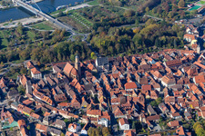 Aerial view of St. Bartholomew's Church in the Old Town and Main Bridge Volkach in Volkach in the state Bavaria, Germany