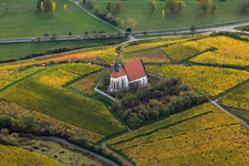 Pilgrimage Church of Maria im Weingarten in Volkach in the state Bavaria, Germany from above
