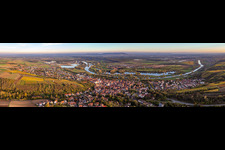Panoramaic perspective village on the banks of the area of the Main river - river course in Dettelbach in the state Bavaria, Germany