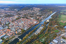 City view from the southwest with Main Island in the Main in Schweinfurt in the state Bavaria, Germany