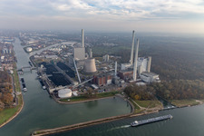 Aerial view of Power plants and exhaust towers of coal power station EnBW Energie Baden-Wuerttemberg AG, Rheinhafen-Dampfkraftwerk Karlsruhe in the district Daxlanden in Karlsruhe in the state Baden-Wurttemberg, Germany