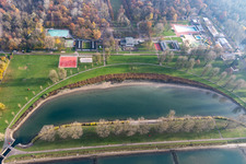 Shore areas of the outdoor swimming pool Rheinstrandbad Rappenwört on the Rhine in the district Daxlanden in Karlsruhe in the state Baden-Wuerttemberg, Germany